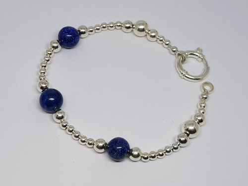 Pulsera Plata Bolitas Y Piedras Azules X 22 Cm