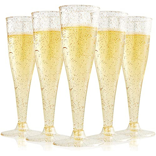 100 Pack Plastic Champagne Flutes, 4.5 Oz Gold Glitter ...