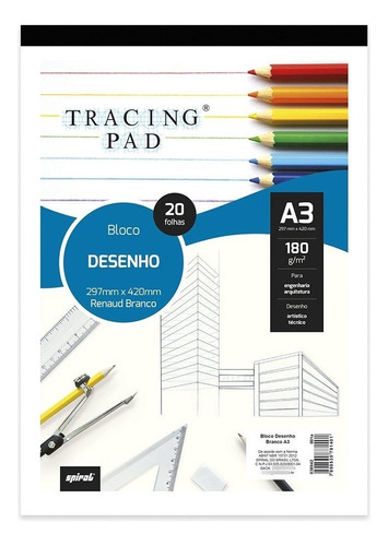 Bloco Desenho A3 Branco 180g 20 Fls Tracing Pad Spiral Pt 1