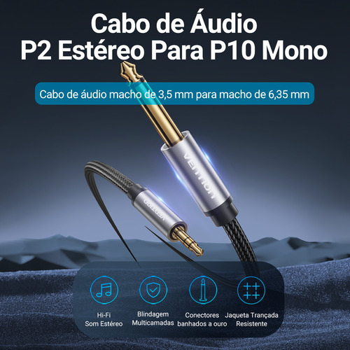 Cabo P2 Estéreo X P10 Mono Profissional Dj 2 Metros Vention