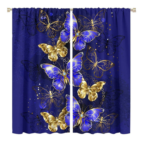 Cortina Mariposa Azul Dorada Brillante Decorativa Para Sala
