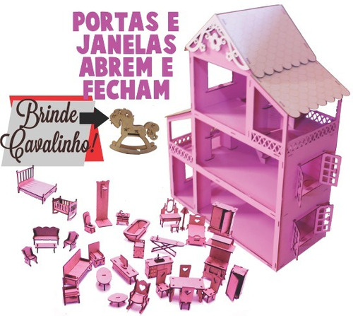 Imagem 1 de 1 de Casinha Para Boneca Cor Rosa Com 34 Móveis Pintado Madeira