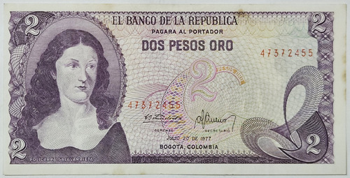 Billete 2 Pesos 20/jul/1977 Colombia Xf