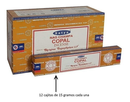 Incienso Satya Nag Champa Copal 12 Piezas De 15 Grs C/u