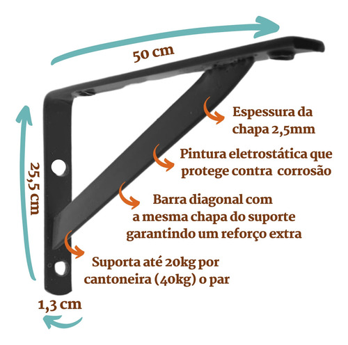 Mão Francesa 50cm - Kit Com 6 Suportes + Parafusos - Cantoneira Industrial - Cor Preto - Suporte para Prateleira de Madeira