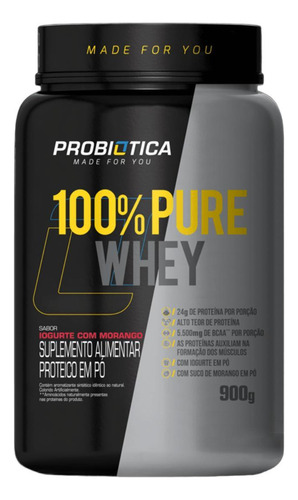 Whey Protein Probiótica 100% Pure Morango Com Iogurte 900g