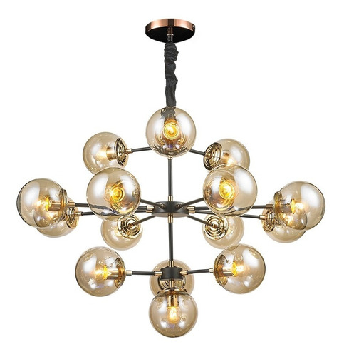 Lustre Pendente Fiati Metal Preto Dourado 15 Lâmpadas 70cm 110V/220V