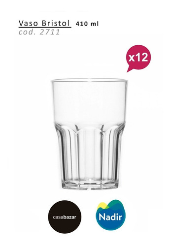 Imagen 3 de 7 de Vaso Vidrio Bristol Agua Gaseosa 410 Ml Nadir Cod.2711 X12u