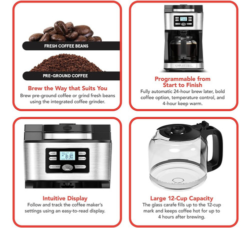 Cafetera Con Molino Integrado Gourmia 12 Tazas Negra Premium