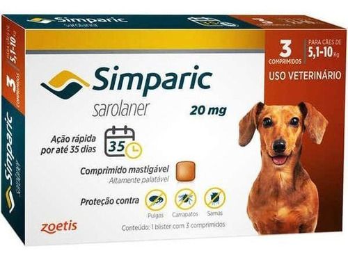 Simparic Antipulgas 20mg Cães 5,1 A 10kg - C/3 Comprimidos