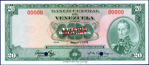 Billete Muestra De 20 Bolívares Abril 11 De 1972 Bolívar