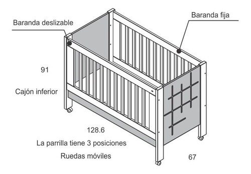 Imagen 3 de 6 de Cuna Charriot Bebe 1,20x0,60 Escocia Cajon Inferior Ruedas