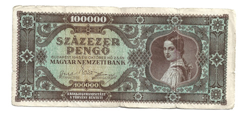 Liquido Billete De Hungría. 100.000 Pengo 1945