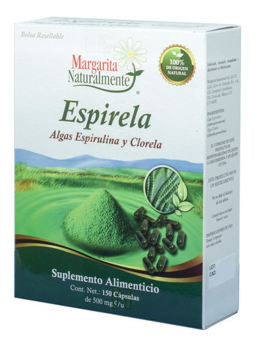 Imagen 1 de 2 de Espirela (alga Espirulina Y Clorela) 150 Caps Margarita Nat Sabor Alga Espirulina