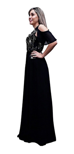 Vestido Negro Corto Gasa Con Bordados En Saten Plateado.
