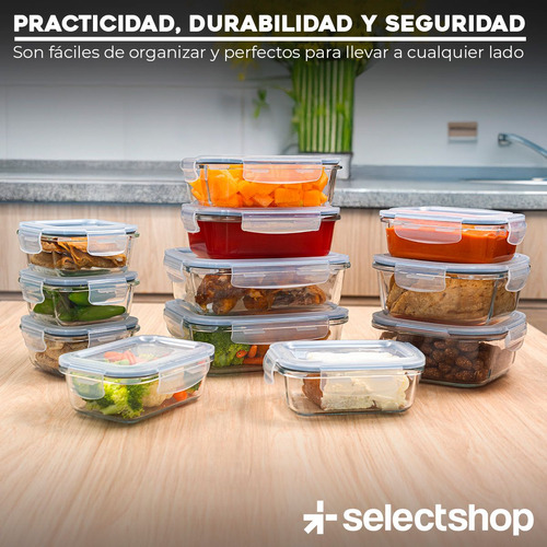 Set 12 Contenedores 24pzs Tóper De Vidrio Hermético Con Tapa Selectshop