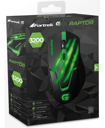  Mouse Gamer Usb 3200dpi Raptor Preto/verde Fortrek Cor Verde