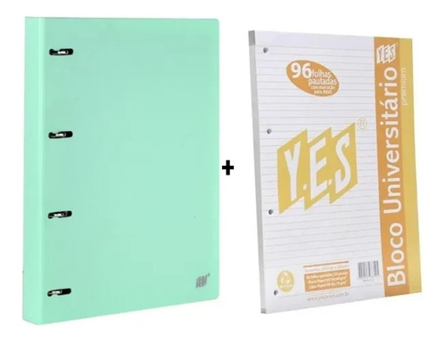 Fichário Caderno Argolado Verde Pastel Yes+ 1 Bloco Extra A4