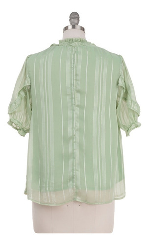 Imagen 3 de 7 de Blusa Vestir Cuelo Alto Rayas Satin Manga Corta Elegante.