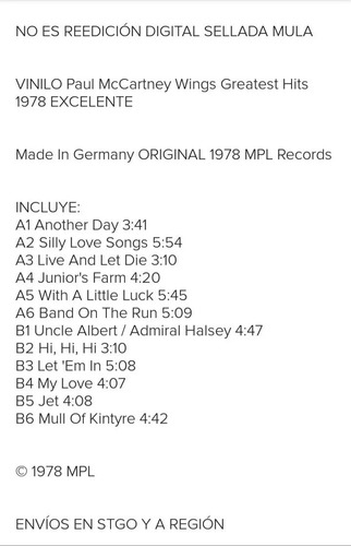 Imagen 2 de 2 de Vinilo Paul Mccartney Wings Greatest Hits Lp Band On The Run