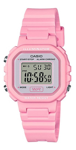 Reloj de pulsera Casio Youth LA-20 de cuerpo color rosa, digital, fondo gris, con correa de resina color rosa, dial negro, minutero/segundero negro, bisel color rosa, luz ámbar y hebilla simple