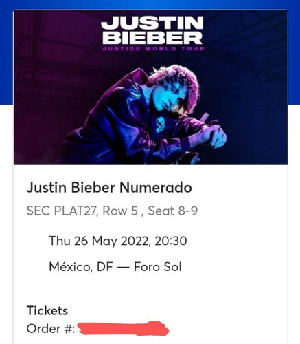 2 Boletos Justin Bieber Foro Sol 26 Mayo Sección Plat27 Msi