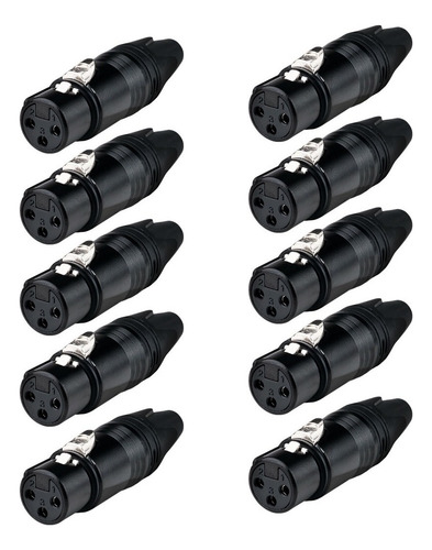 Kit 10 Plug Conector Xlr Canon Fêmea Lu71225bk Preto Luminos
