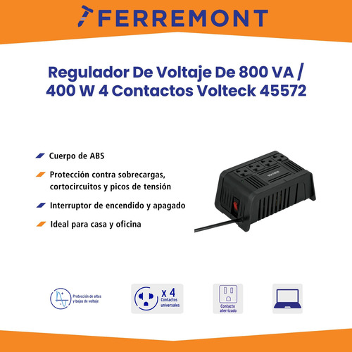 Regulador De Voltaje 800 Va/400w 4 Contactos Volteck 45572