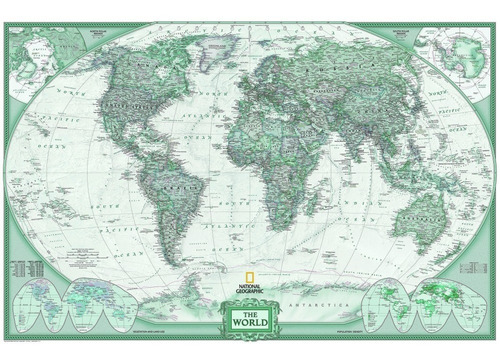 Mapa Mundi Super Grande 65x100cm Esverdeado - Tons De Verde