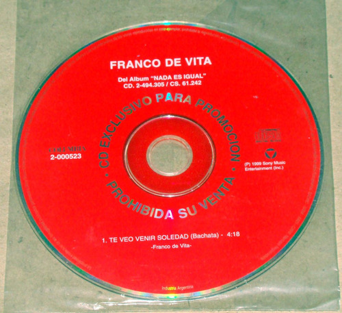 Franco De Vita Te Veo Venir Soledad Cd Single Promo / Kktus