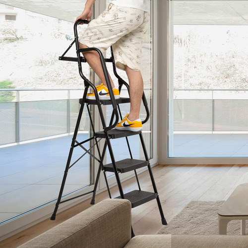 Escalera De 4 Escalones Con Pasamanos, Taburete Plegable Con