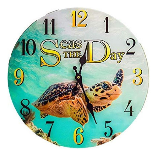 Nuevo 13  X 13  Seas The Day Turtle Reloj De Pared De Crista