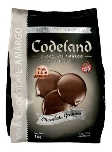 Chocolate Cobertura Codeland Amargo Sin Tacc Gluten 1k 72%