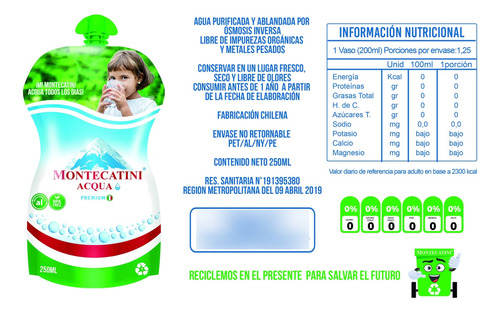 Doypack Agua Purificada Premium 250ml Montecatini Acqua