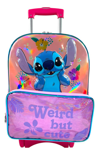 Mochila Con Carrito Stitch Tornasol Primaria Ruz Original Rosa Stitch Tornasol