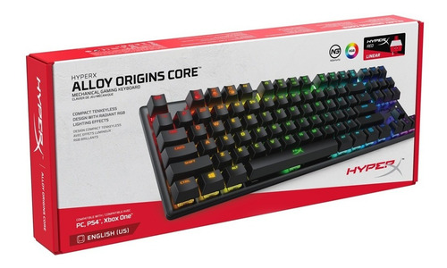 Teclado gamer HyperX Alloy Origins Core QWERTY Aqua inglés US color negro con luz RGB