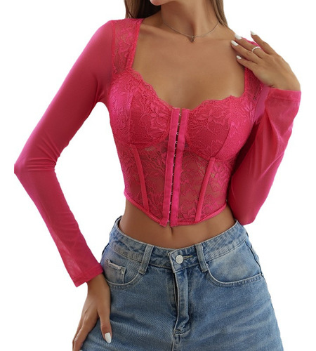 Blusa Crop Top Elegante Corset Encaje Malla Manga Larga