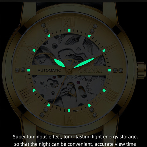 Reloj mecánico de cuero impermeable Chenxi para hombre, color de fondo dorado