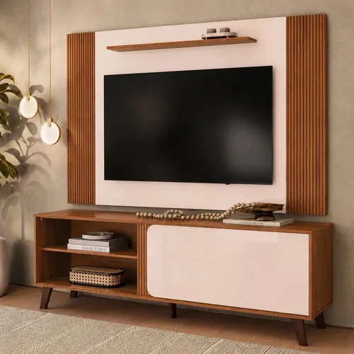 Rack Com Painel Peter 150cm Para Tv Até 65 Dj Móveis Ripado Porta Deslizante Freijó/off White