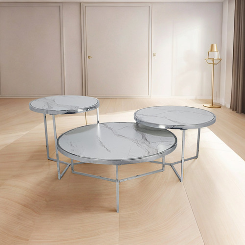 Mesa Ratona Redonda 50 Vidrio Marmol Base Cromada Cromo