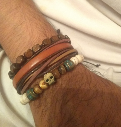 Combo X 3 Pulseras Cuero Piedras Calavera Madera