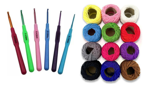 Kit Com 06 Agulhas + Kit Com 12 Linhas De Crochê