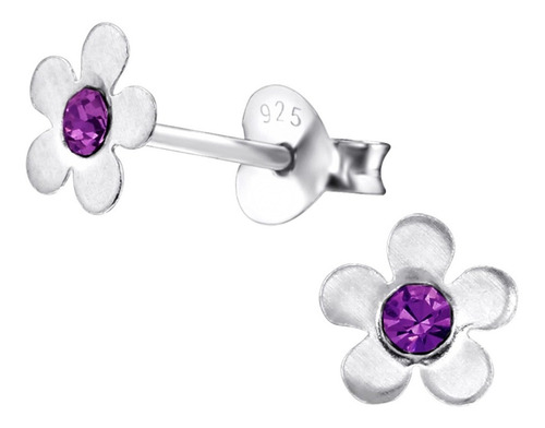 Aros De Plata 925 Flor Punto Luz Zircon Amatista Niña Mujer 