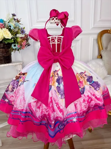 Vestido Infantil Barbie Rosa Glitter