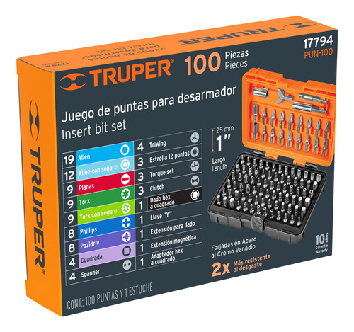 Juego De 100 Puntas Mixtas Largo 1 En Estuche, Truper 17794