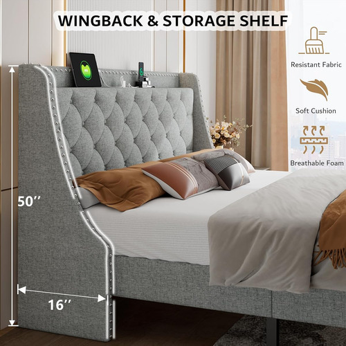 Base De Cama Ipormis King Size Con Puerto Usb Gris Claro
