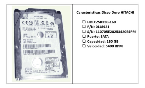 Disco Duro Hitachi 160 Gb Sata Para Laptop. 2.5