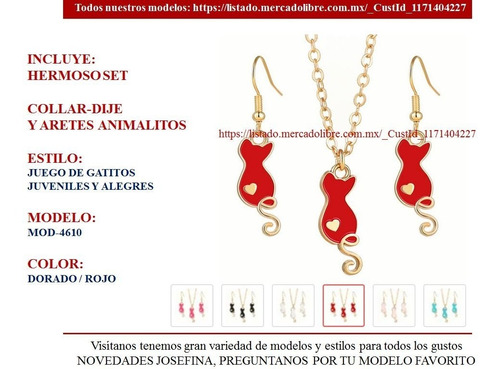 (set 4610) Joyería Conjunto Dije Aretes Gato Dorado / Cian