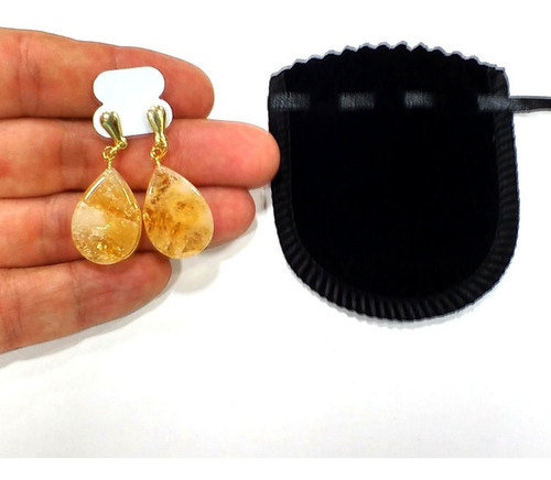 Imagem 3 de 3 de Brincos De Citrino Pedra Natural 4cm Folheado A Ouro A221