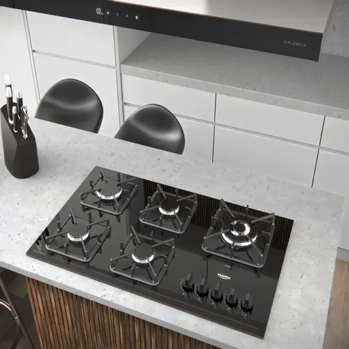 Cooktop 5 Bocas Dako Diplomata com Mesa De Vidro e Tripla Chama e Acendimento Automático A Gás Preto Bivolt